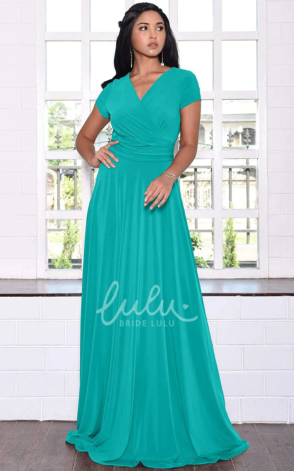 Simple Jersey V-neck A-line Evening Dress with Criss Cross and Pleats Prom Dress