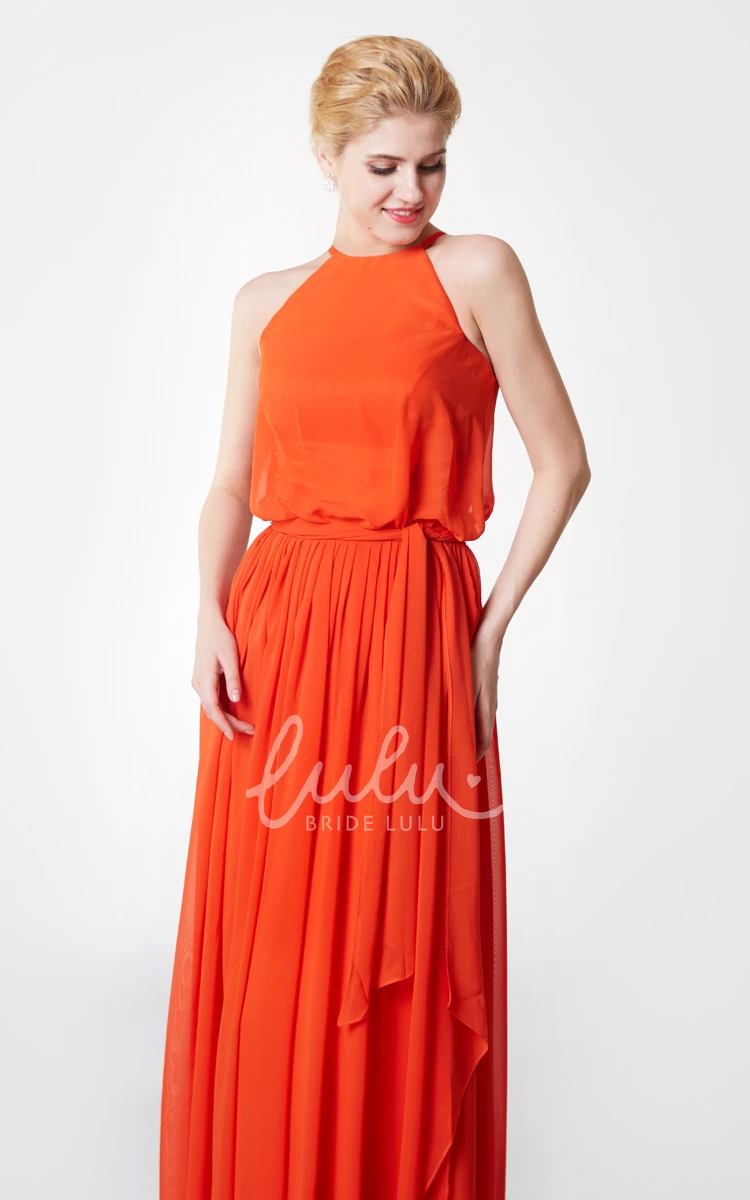 Long Chiffon Halter Bridesmaid Dress with Flowy Skirt