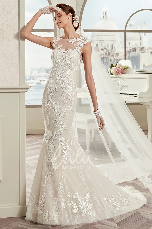 Cap Sleeve Mermaid Wedding Dress with Illusion Neckline and Open Back