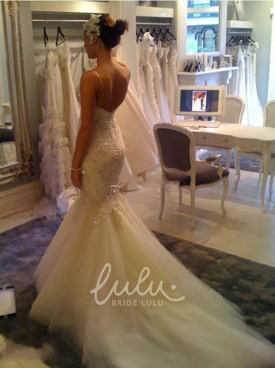 Deep-V Back Tulle Lace Mermaid Wedding Dress with Spaghetti Straps