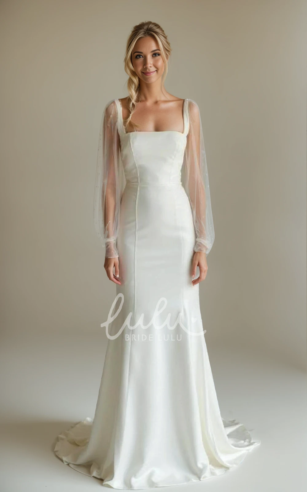 Modern Mermaid Long Sleeve Wedding Dress Square Neck Open Back Modern Bridal Gown