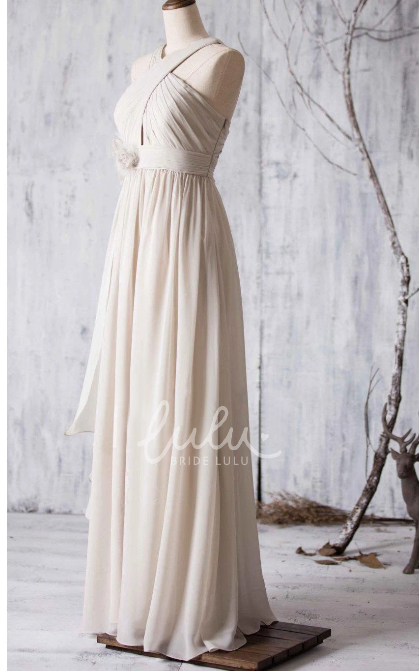 V-Back Pleated Chiffon Long Dress with Criss Cross Top