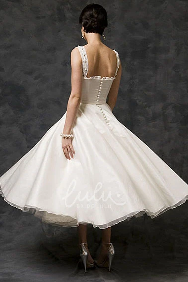 Beaded Satin Strapped Wedding Dress Tea-Length A-Line Bridal Gown