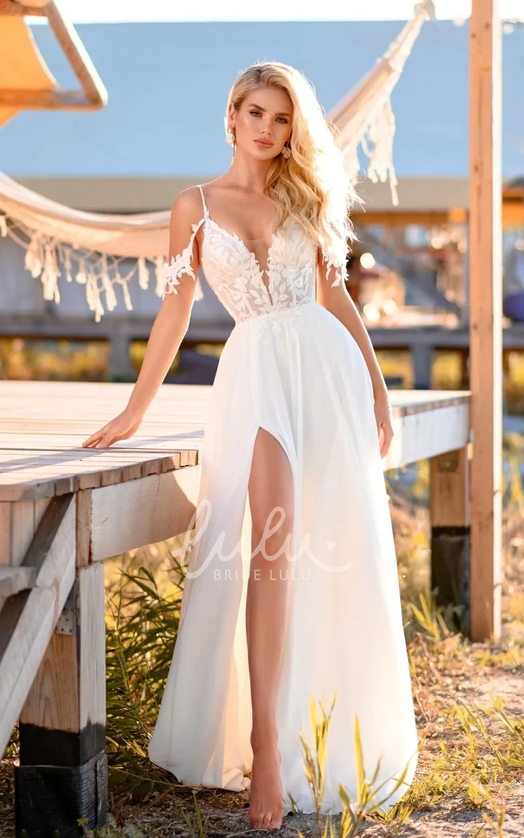 A-Line Sexy Strap Front Split Deep V-Neck Chiffon Spaghetti And Off The Shoulder Beach Wedding Dress With Applique