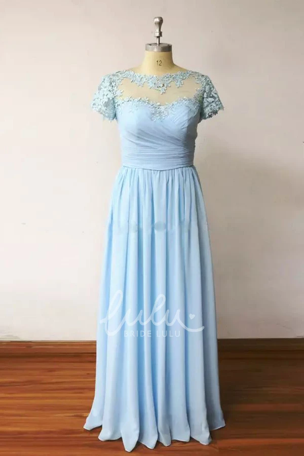 A-line Chiffon Bridesmaid Dress with Appliques and Ruching Jewel Style Short Sleeve