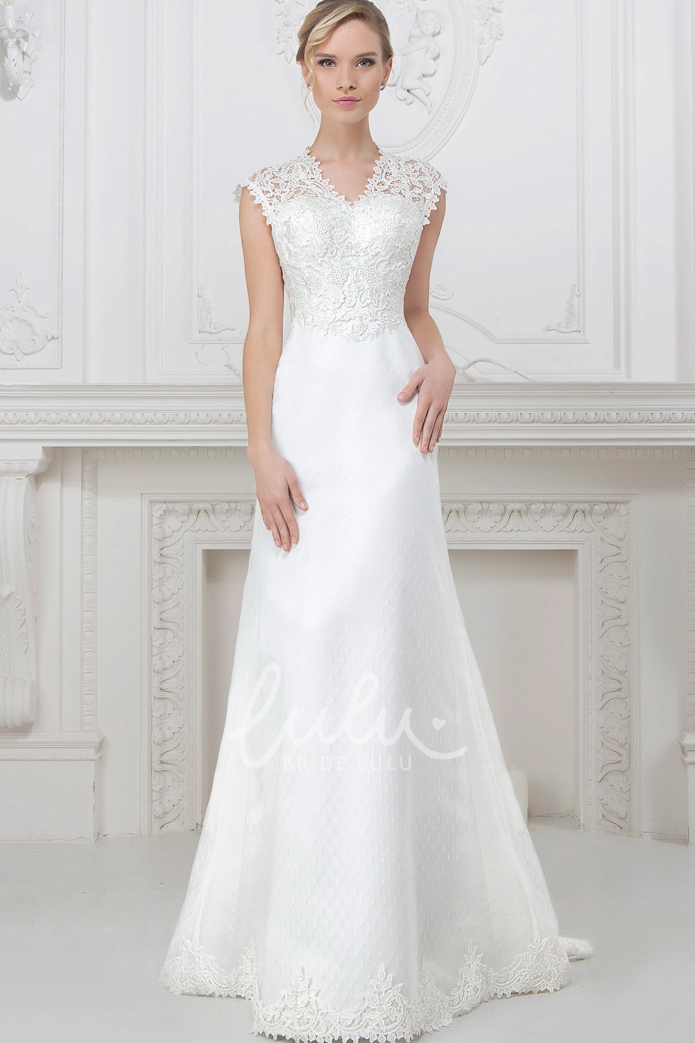 Sheath Wedding Dress with V-Neckline and Cap Sleeves Chic Wedding Dress