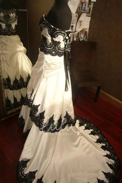 Straps A-Line Taffeta Lace Wedding Dress with Ruffles and Tiers Chapel Train