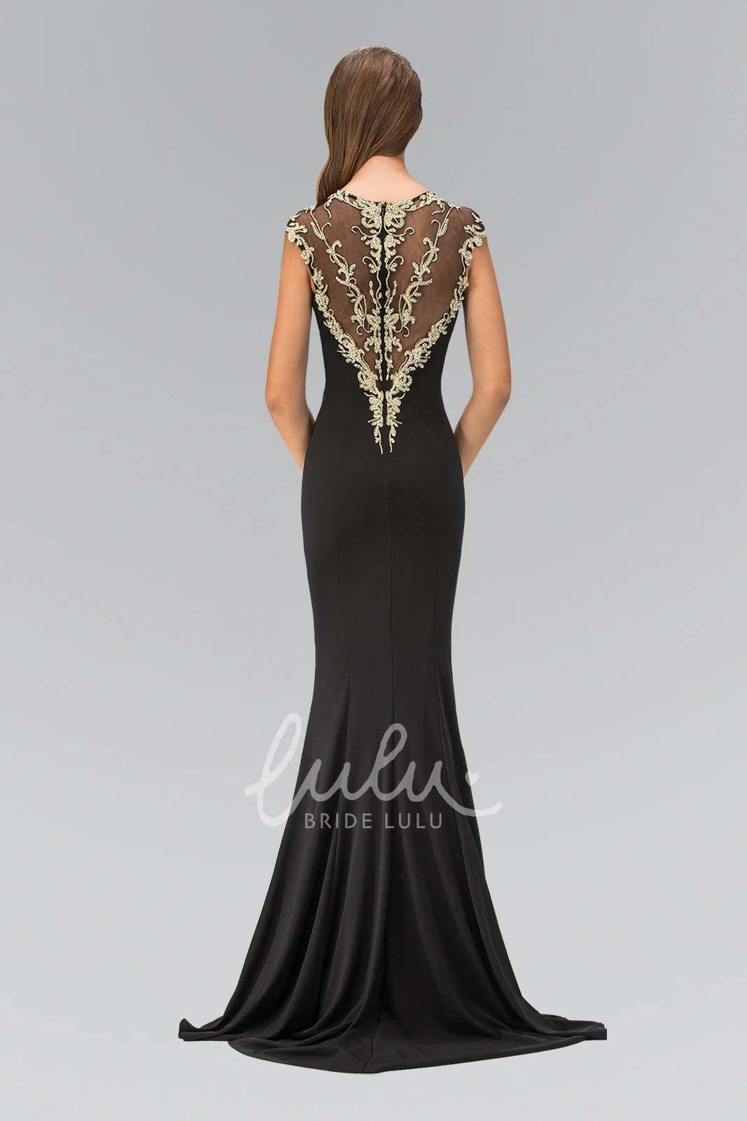 Cap-Sleeve Beaded Illusion Sheath Dress Long Scoop-Neck Jersey