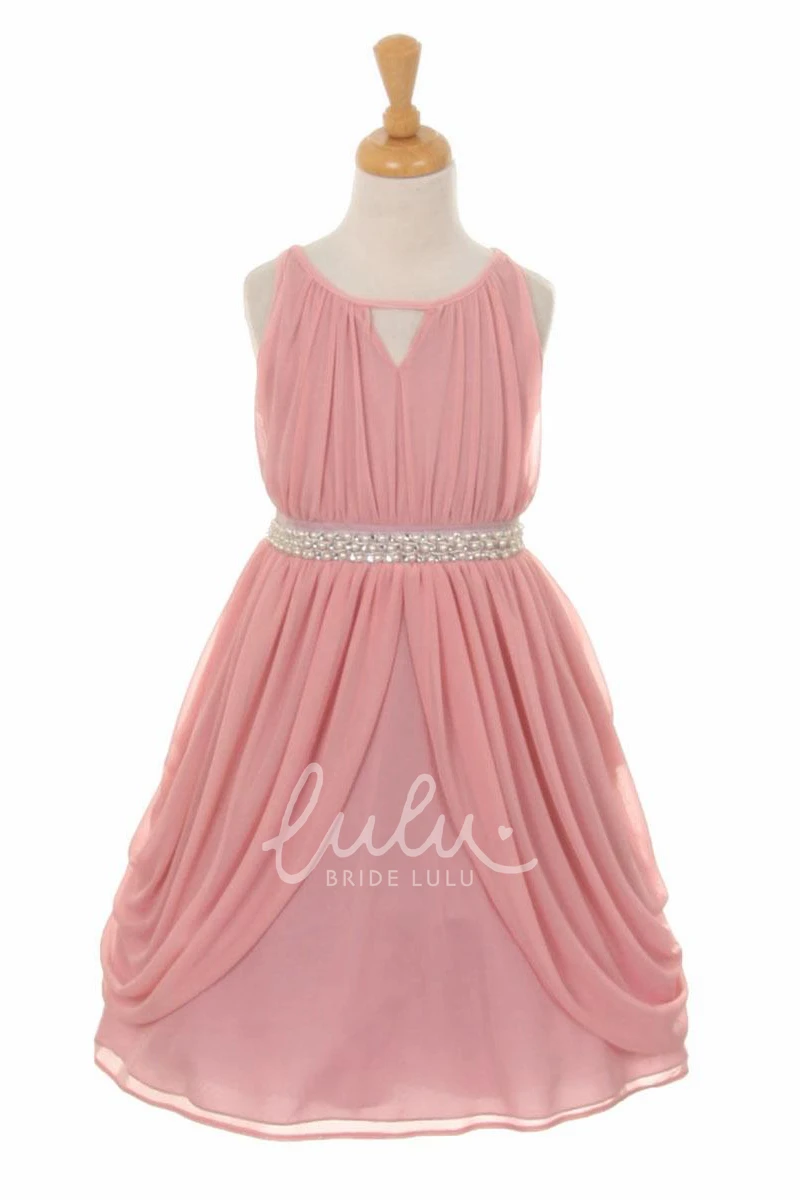 High Neck Pleated Chiffon Flower Girl Dress Tea-Length with Ribbon