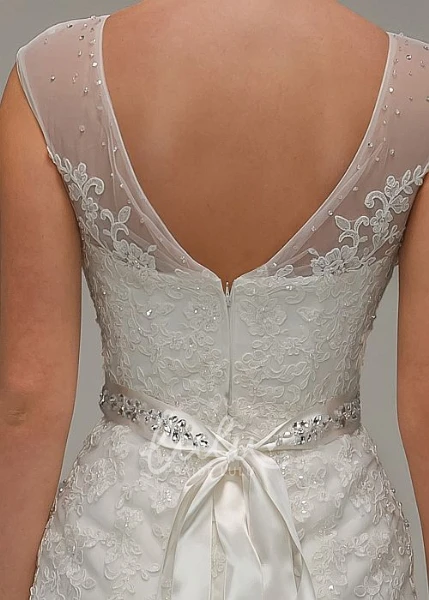 Cap-Sleeve Scoop-Neck Lace Wedding Dress with Jeweled Bow Unique Bridal Gown