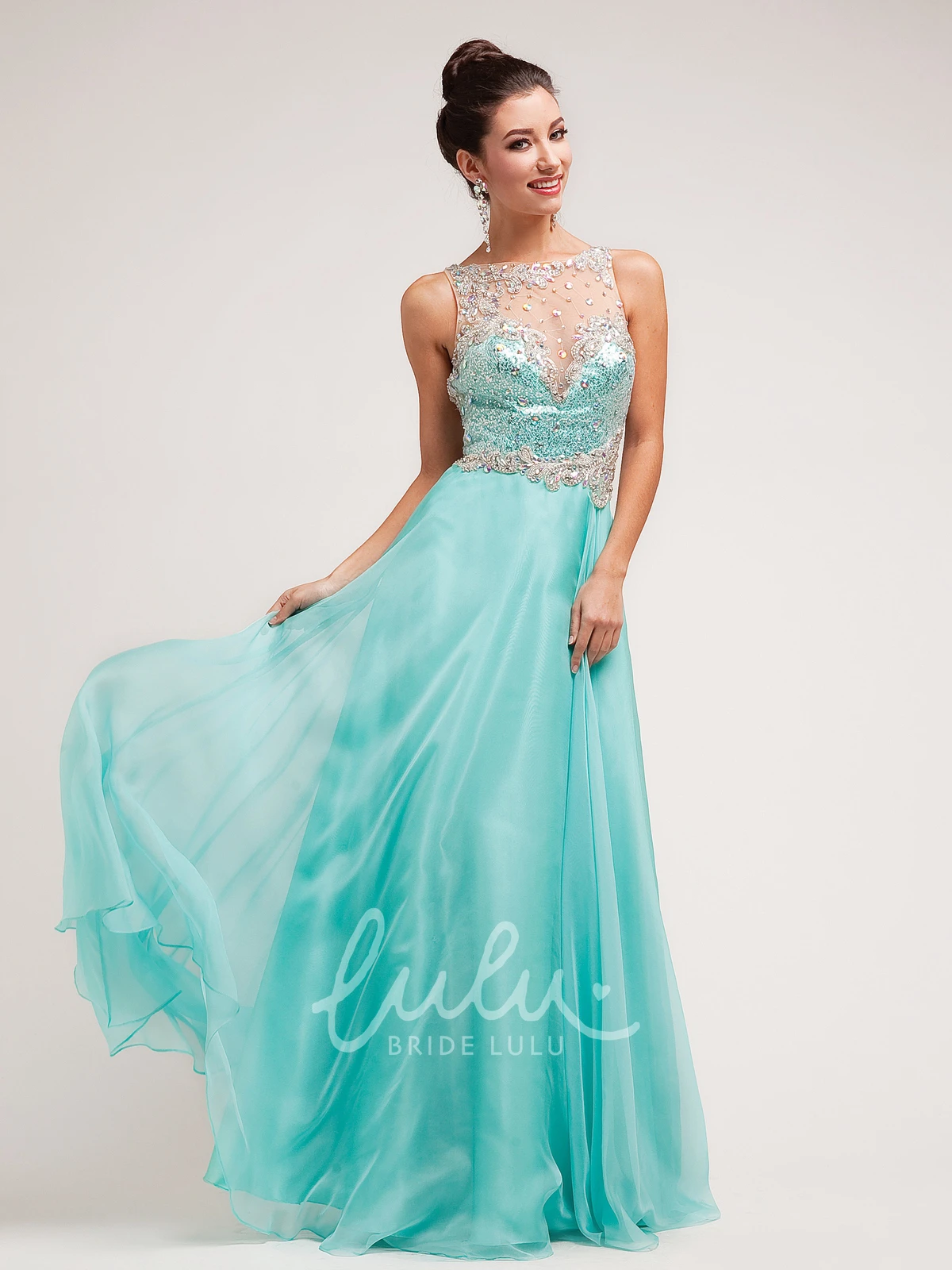 Satin Crystal A-Line Sleeveless Formal Dress with Bateau Neckline