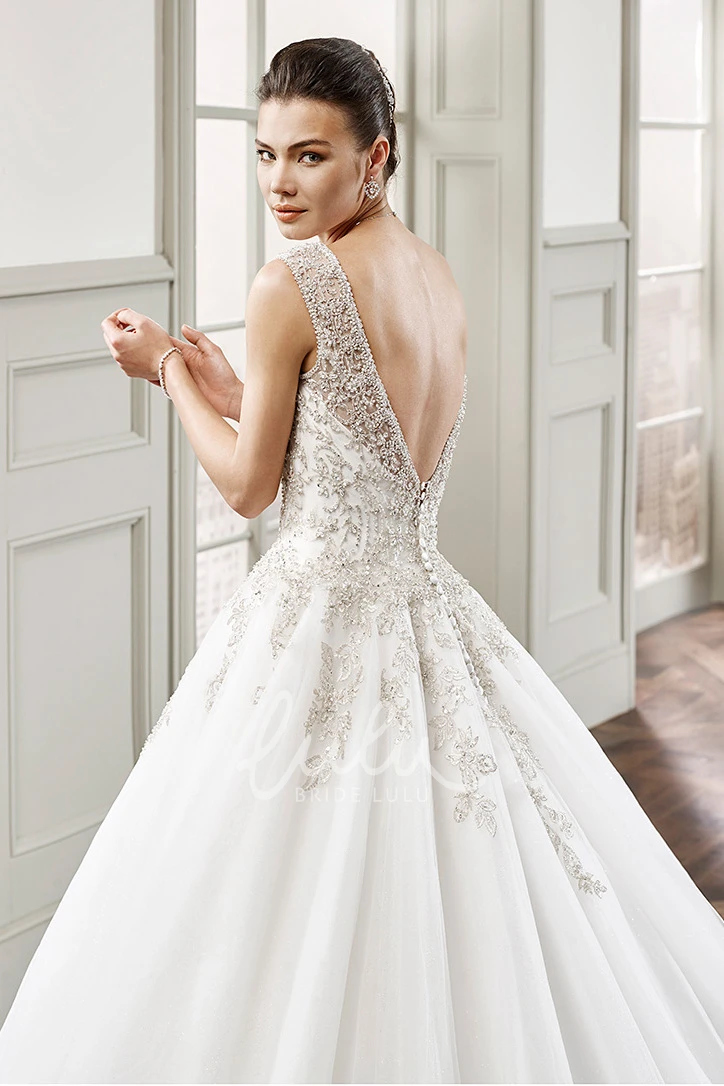 Beaded V-Neck Tulle Ball Gown Wedding Dress Sleeveless Floor-Length Bridal Dress