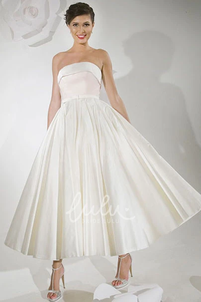 Satin Tea-Length A-Line Wedding Dress with Strapless Style and V Back