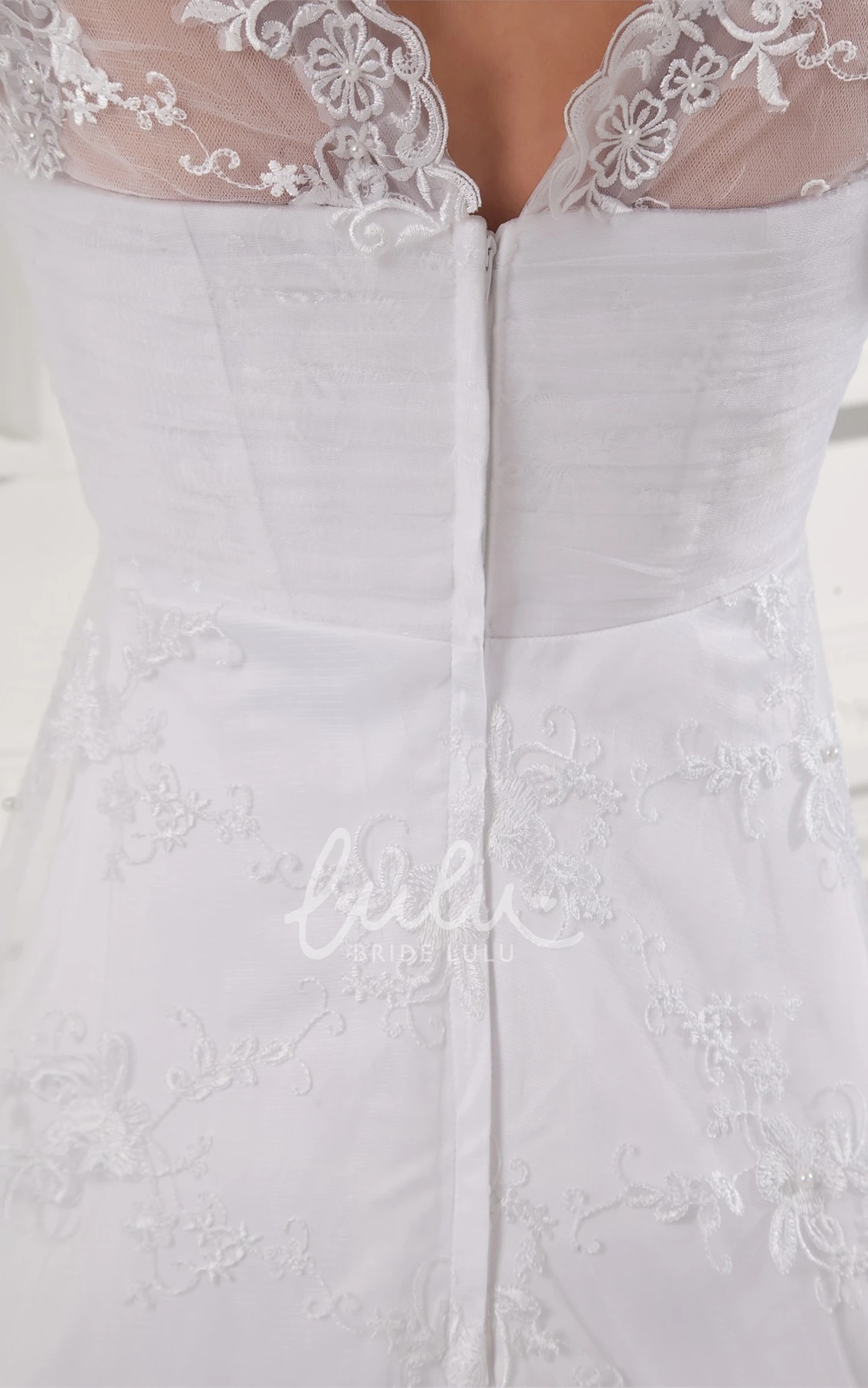 Lace A-line Wedding Gown with V-neck and Low-v Back Modern Bridal Dress