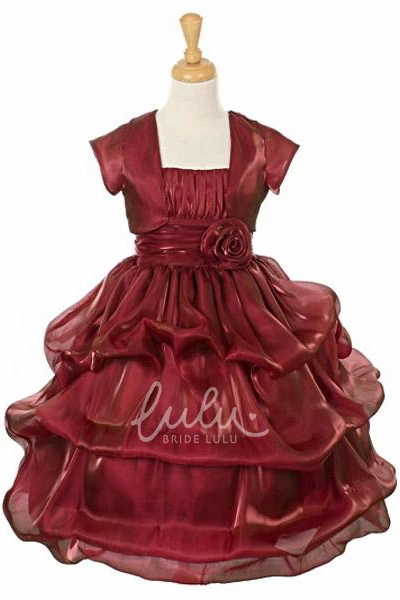 Spaghetti Ruched Organza&Satin Flower Girl Dress Tea-Length Pick Up Wedding Dress