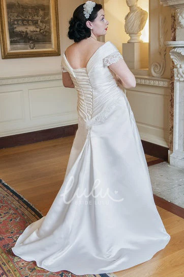 Off-Shoulder Taffeta Lace Wedding Dress with Short Sleeves and Pink Floral Sash