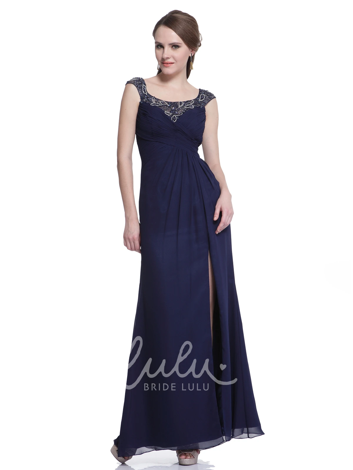 Split Front Cap-Sleeve Chiffon Formal Dress with Beading in Sheath Style