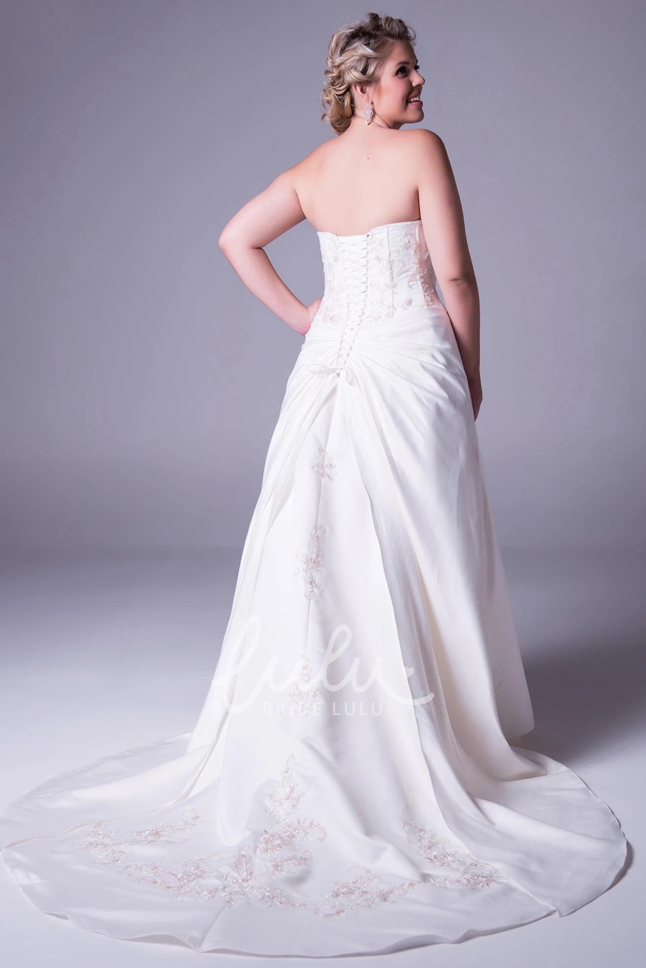 Embroidered Taffeta Plus Size Wedding Dress with Corset Back and Floor-Length Train