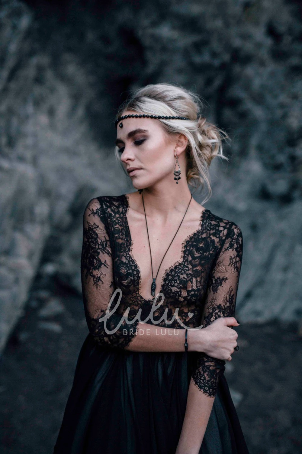 Black Lace Sheath Wedding Dress V-neck Illusion Back 3-4 Sleeve Floor-length