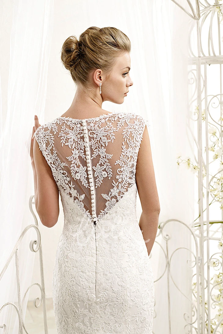 Cap-Sleeve Lace Trumpet Wedding Dress Floor-Length Scoop-Neck