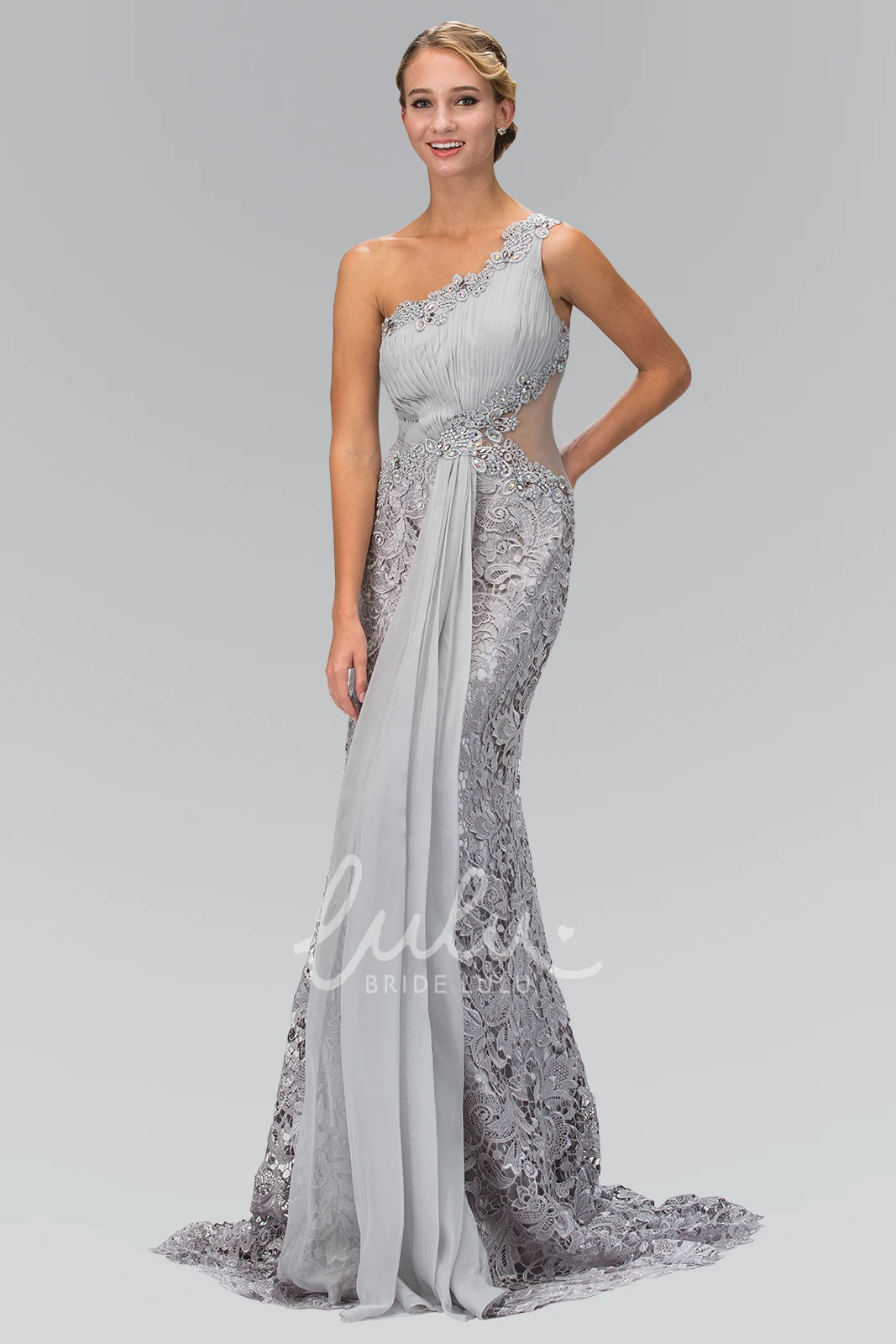 Lace Sheath Formal Dress with Ruching and One-Shoulder