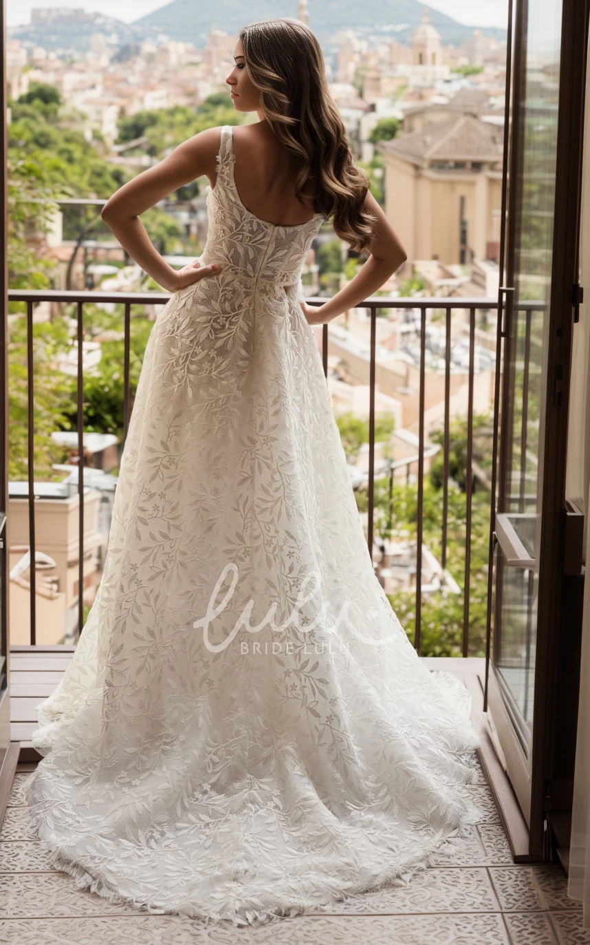 Bohemian Romantic A-Line Square Neck Lace Wedding Dress Modern Adorable Sleeveless Court Train Bridal Gown