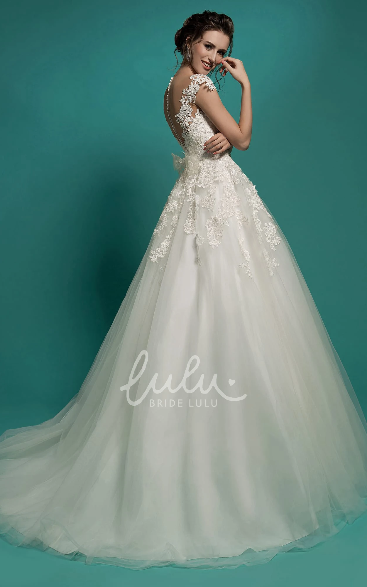 A-Line Illusion Tulle Dress with Appliques and Bow for Bridesmaids