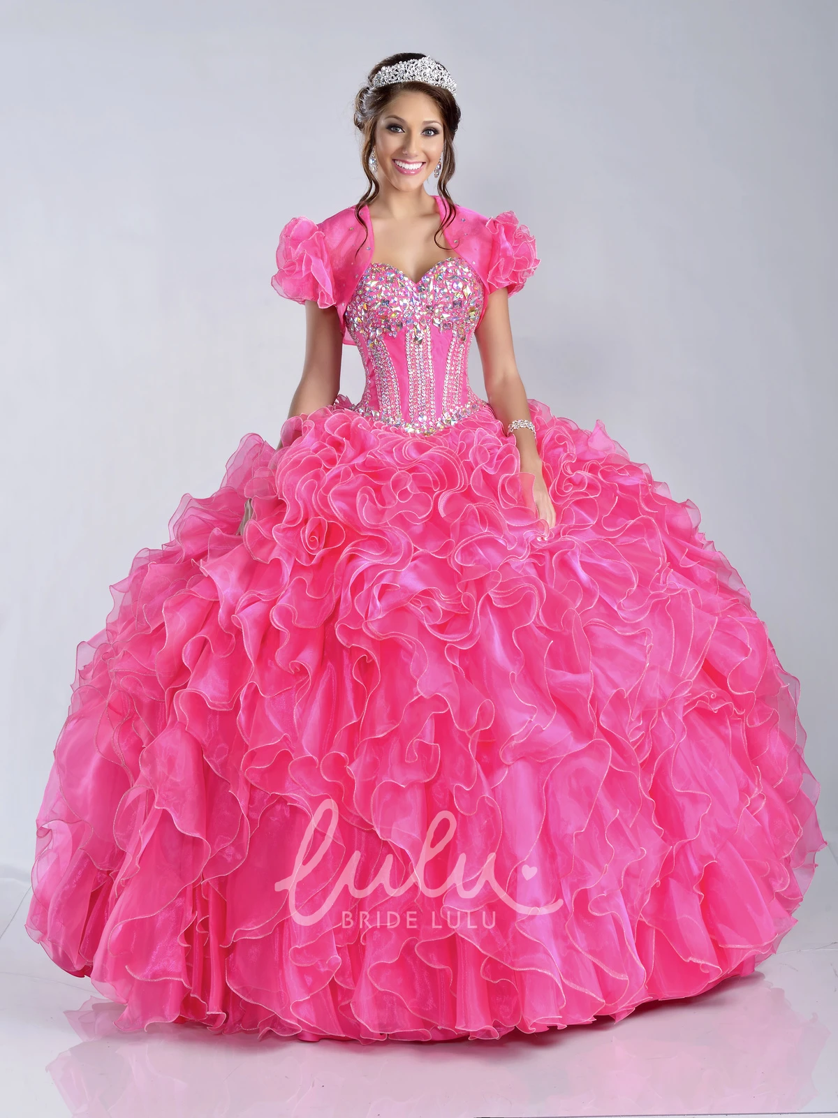 Cascading Ruffle Sequined Ball Gown Formal Dress with Jacket