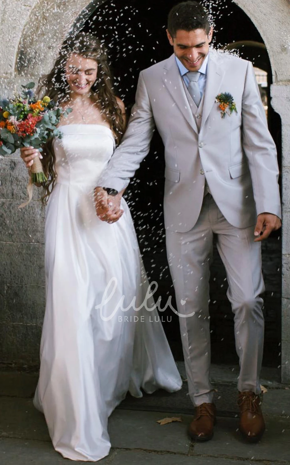 Strapless Satin Garden Wedding Dress with Backless and Illusion Sleeves Casual A-Line