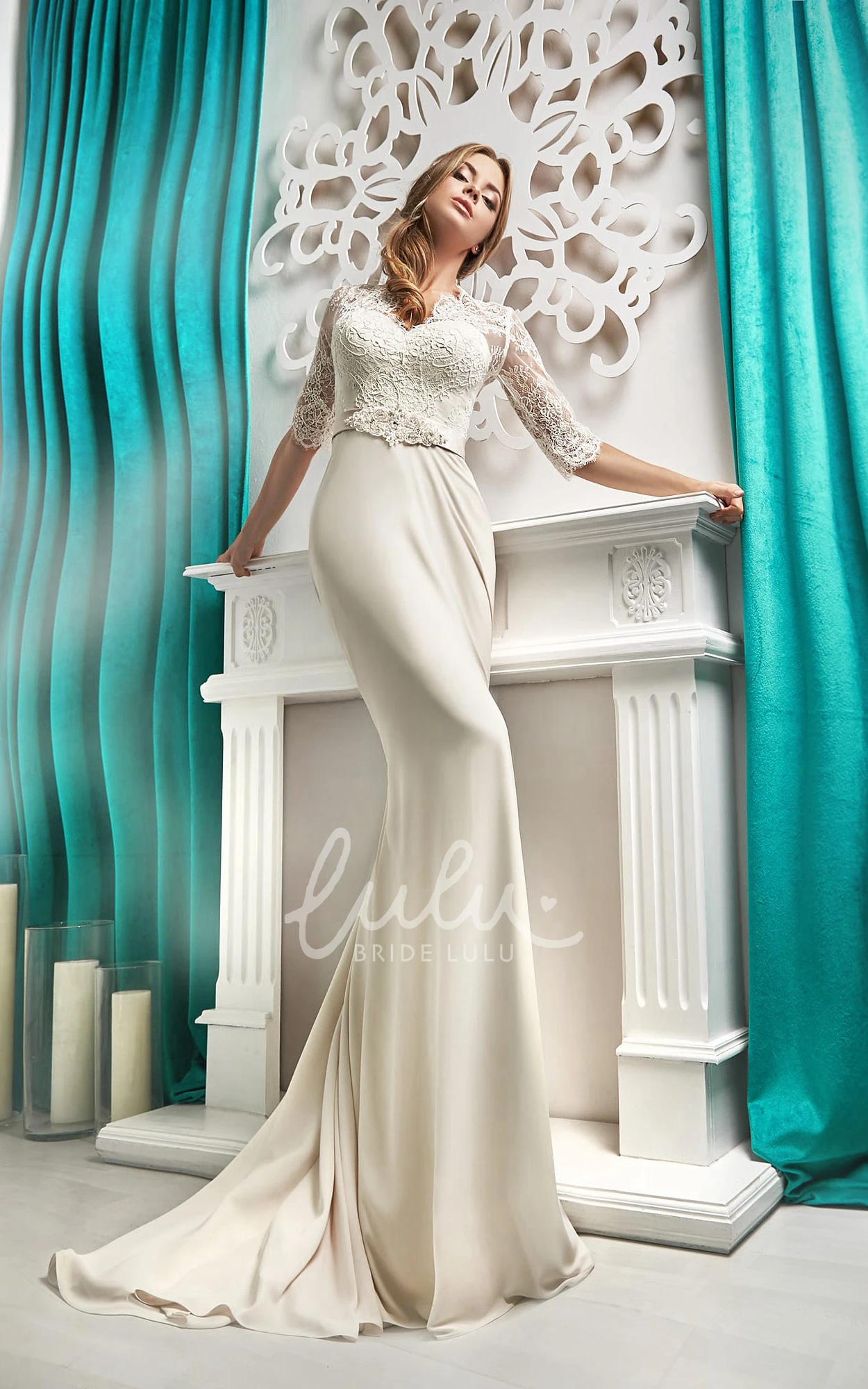 Lace V-Back Satin Winter Wedding Dress with Half Sleeves