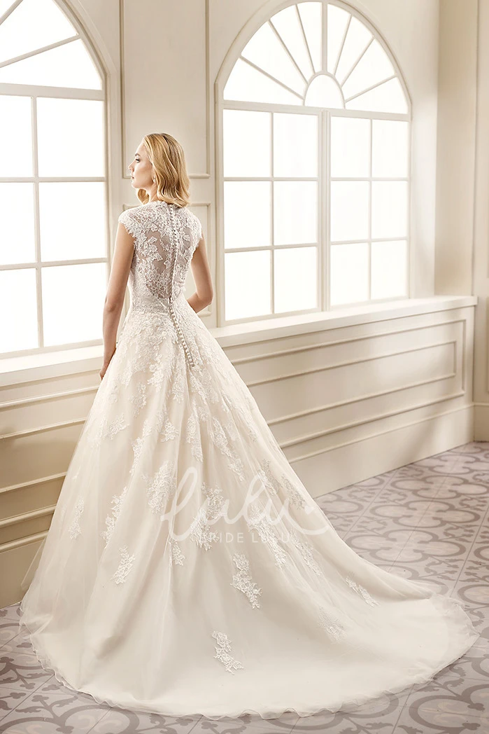 Cap-Sleeve Lace&Satin Ball Gown Wedding Dress V-Neck Appliqued