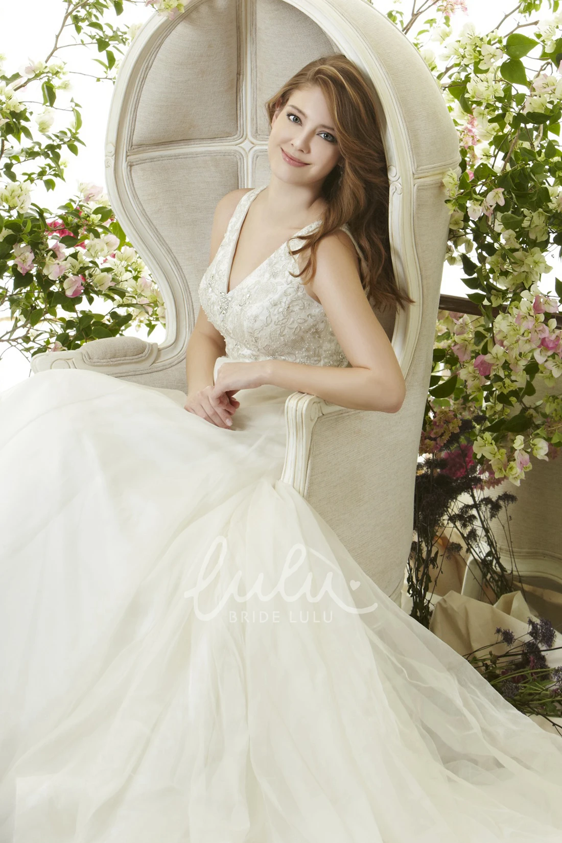 Maxi Tulle and Satin Wedding Dress with Court Train and V-Neck A-Line Style