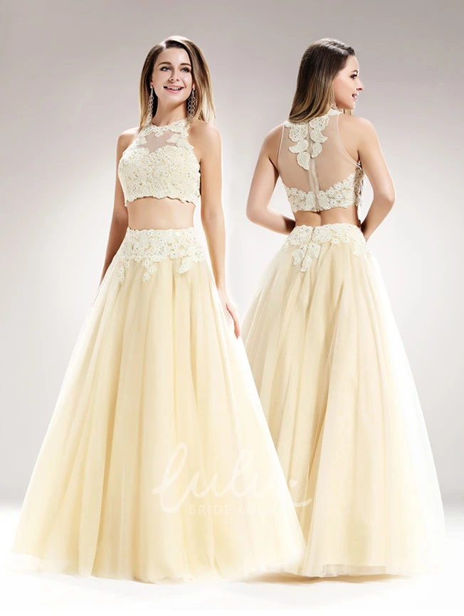 High Neck Tulle Illusion Dress with Appliques Prom Dress
