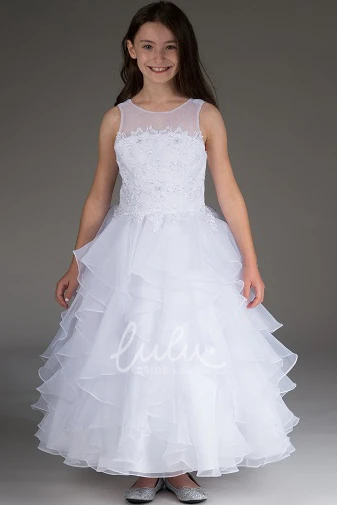 Sleeveless Tiered Organza Flower Girl Ball Gown with Scoop Neck Flowy and Cute