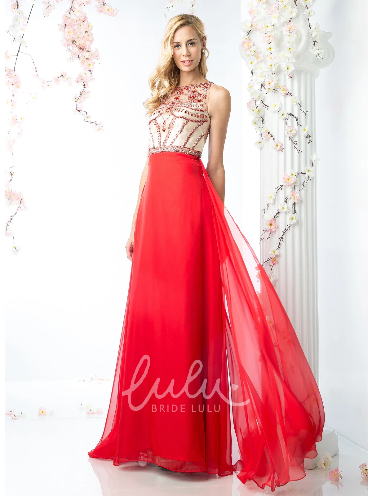 Chiffon Illusion A-Line Formal Dress with Beading Jewel-Neck Sleeveless