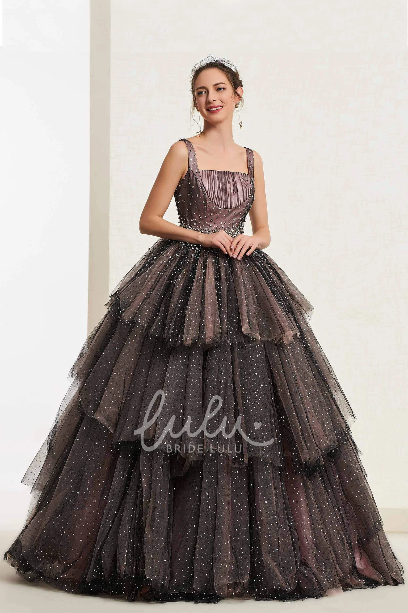 Vintage Ballgown with Beaded Square Neckline and Ruffled Tiers