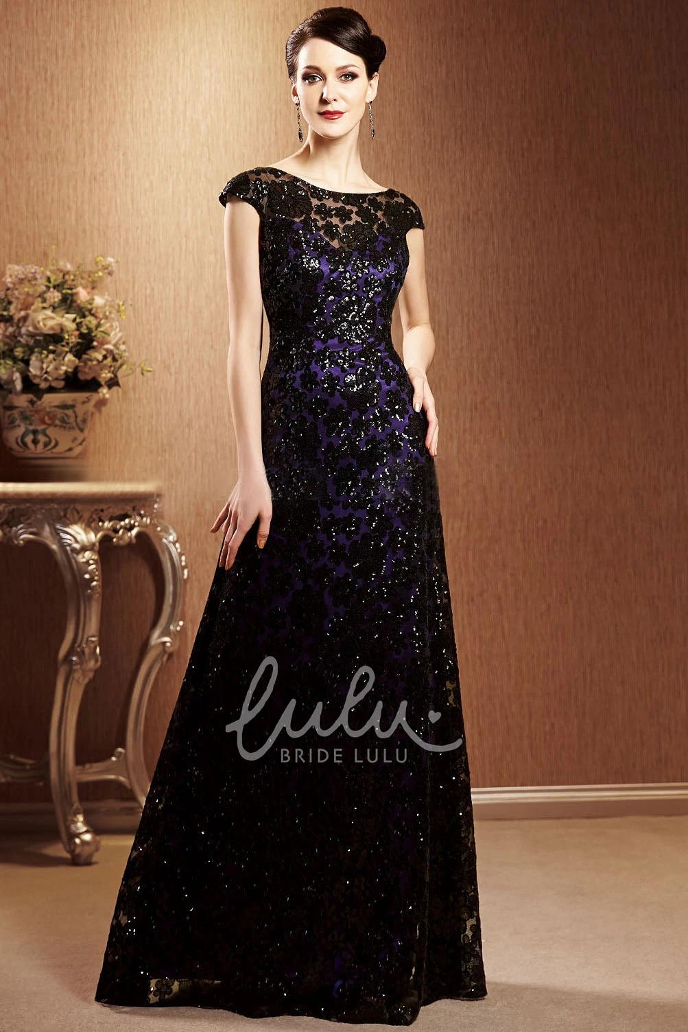 Long Sequin Gown with V-Back Cap-Sleeved