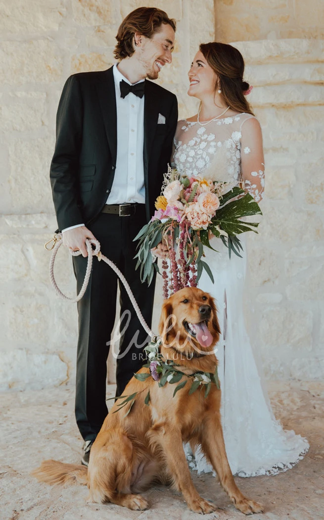 Simple Chiffon Bateau Wedding Dress with Appliques and Split Front Sheath Wedding Dress