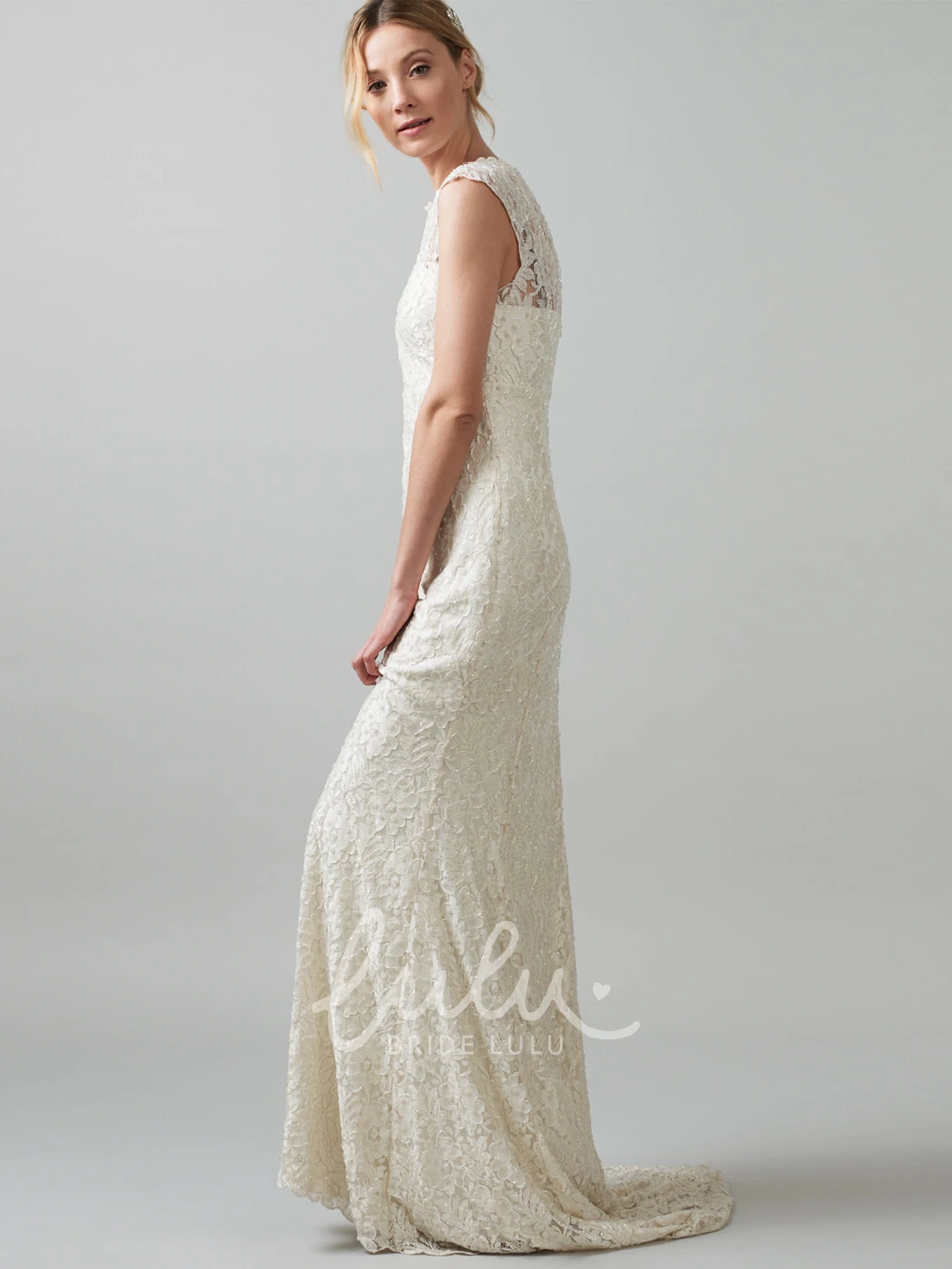 Jewel Lace Wedding Dress with Sweep Train Maxi Appliqued