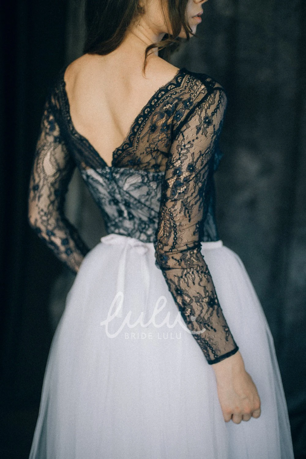 Long Sleeve Black Lace Sheath Wedding Dress V-neck Illusion Back Low-V Floor-length