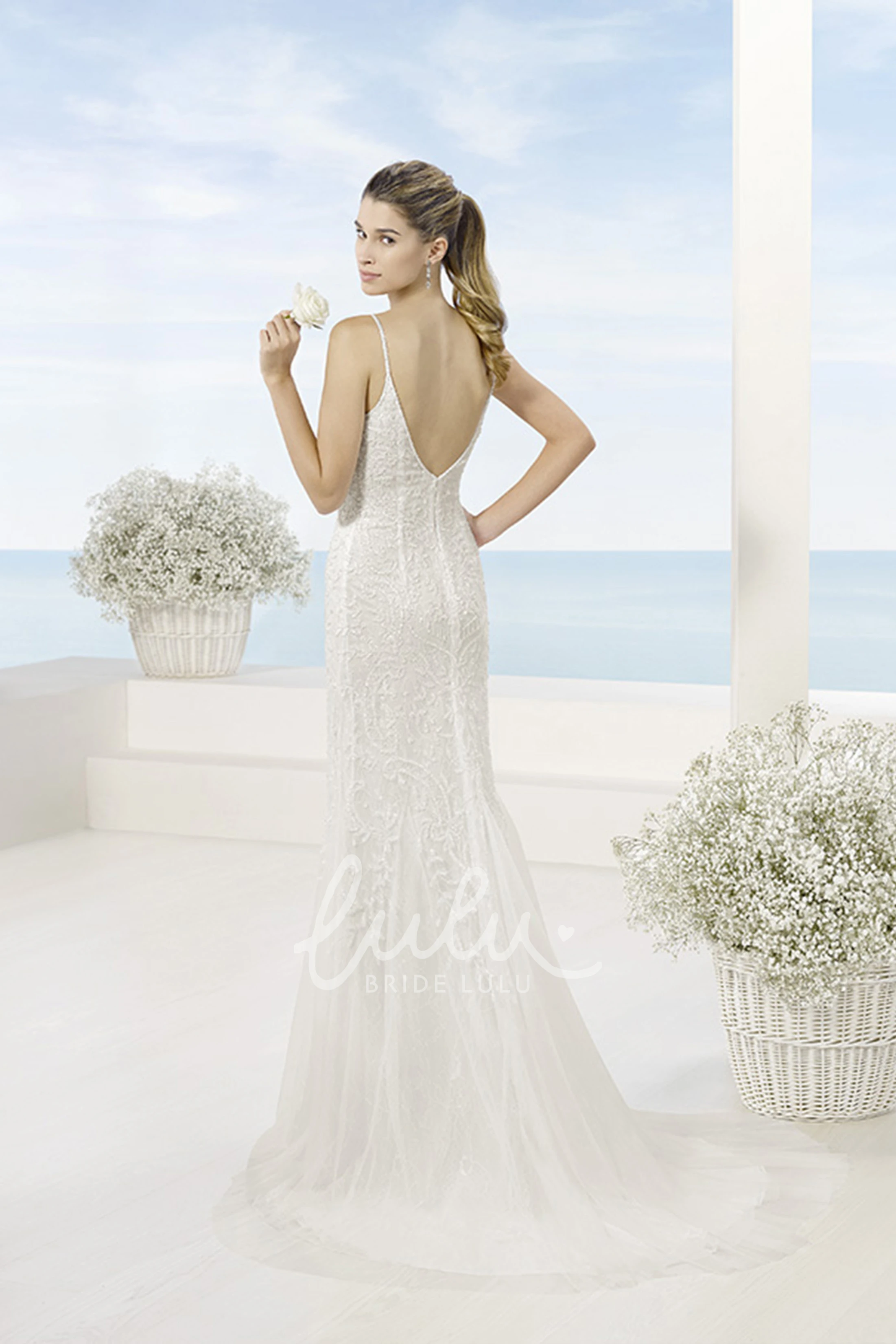 Lace&Tulle Sheath Wedding Dress with Spaghetti Straps and Brush Train Modern Wedding Dress