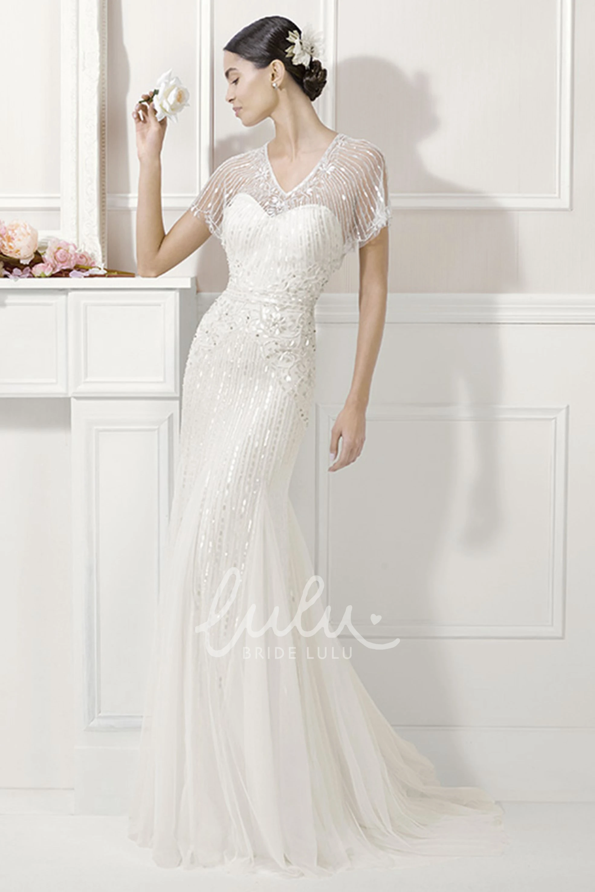 V-Neck Sheath Tulle Wedding Dress with Batwing Sleeves and Sequins