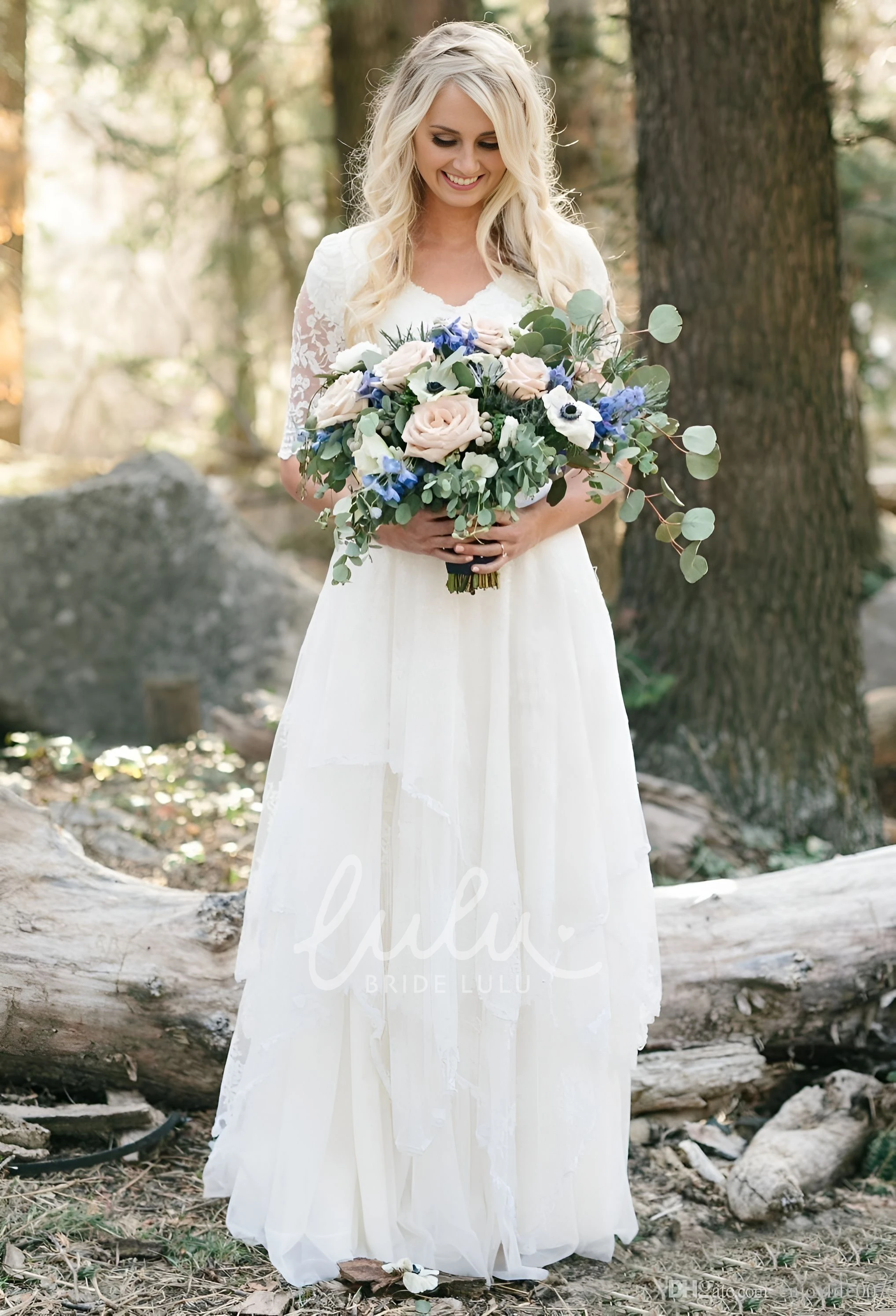 Bohemian V-Neck Half Sleeve Lace Country Wedding Dress