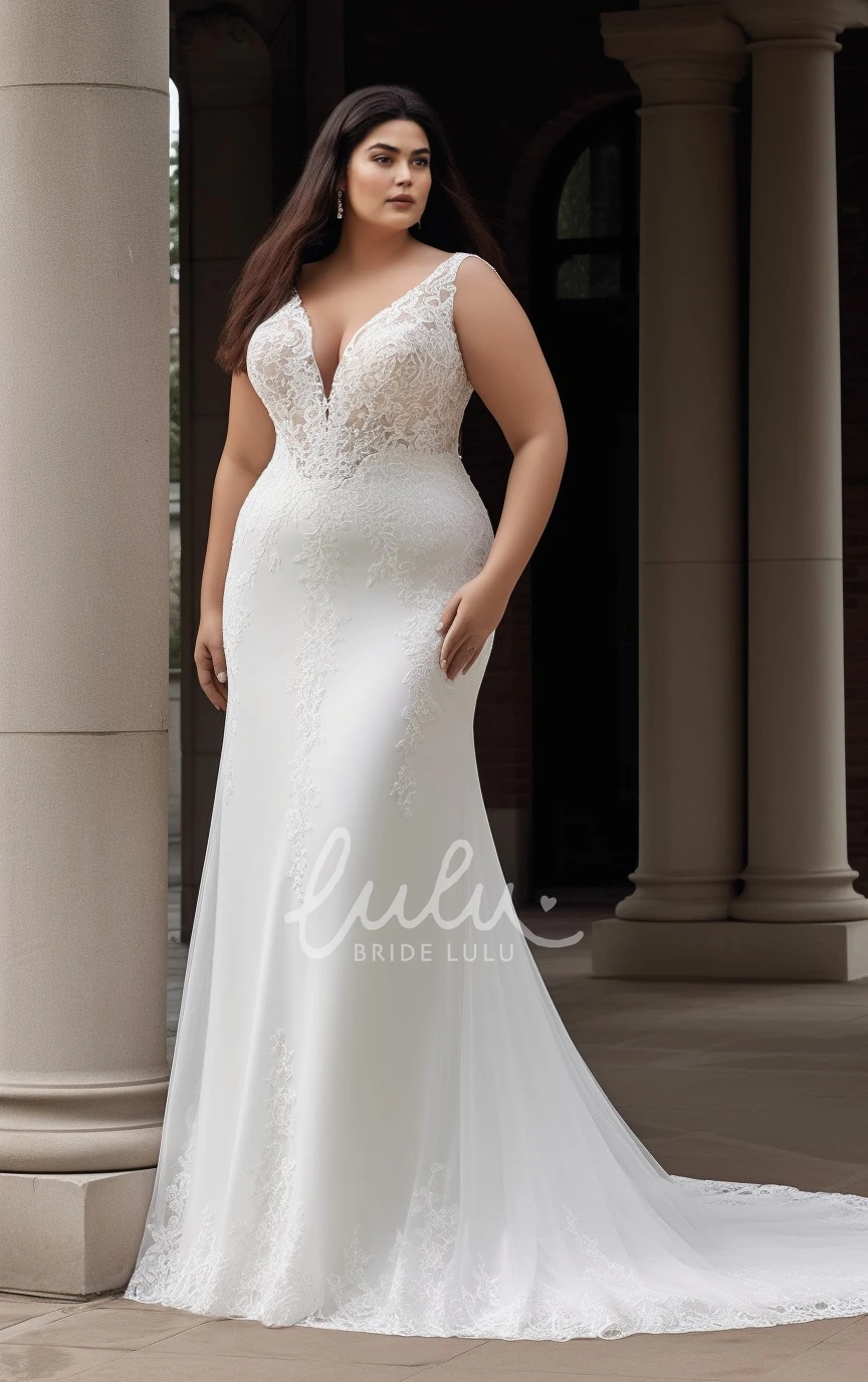 Plus Size Mermaid Lace Wedding Dress with Appliques V-neck Court Train