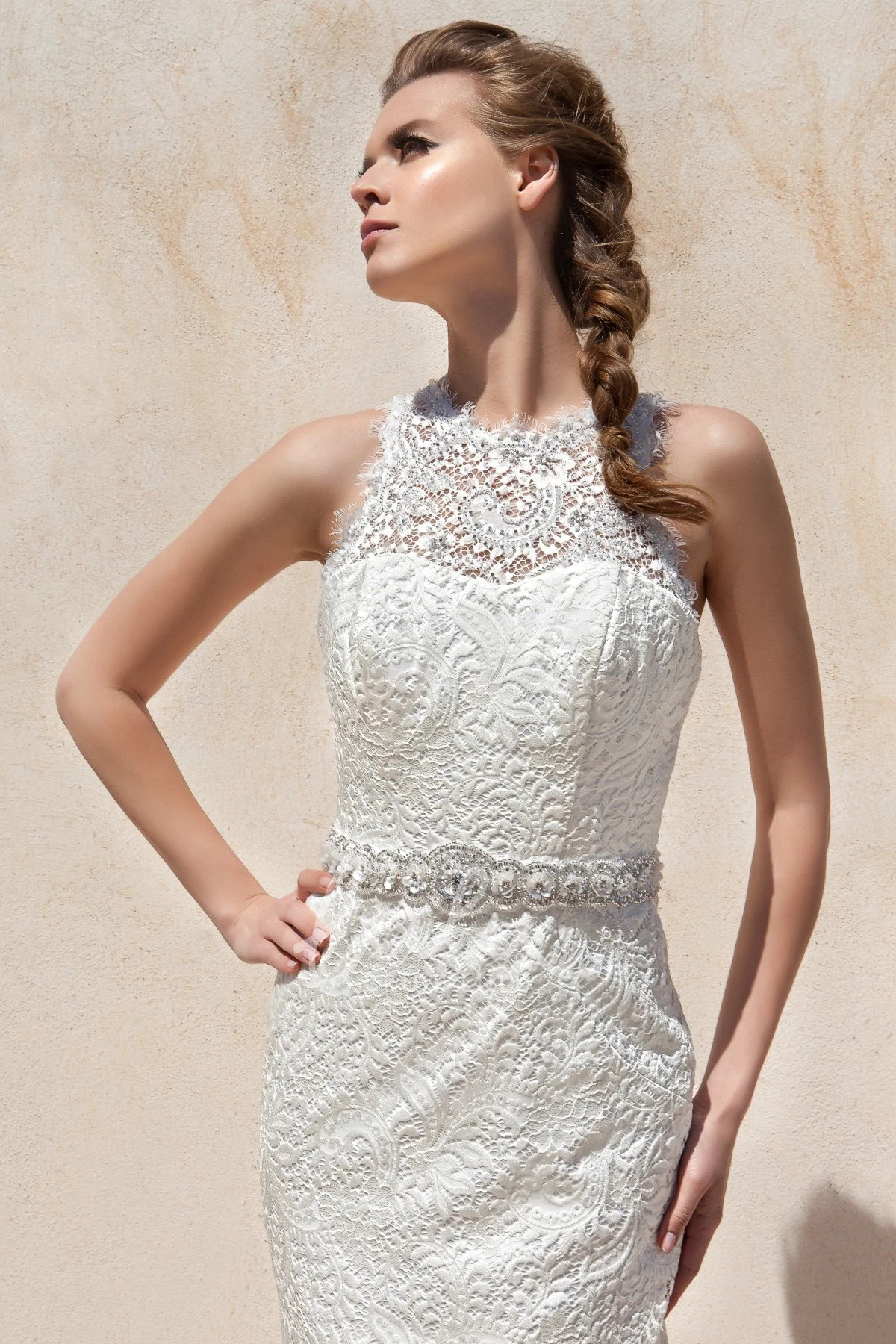 Beaded Sheath Lace Wedding Dress with High Neck and Sleeveless Design