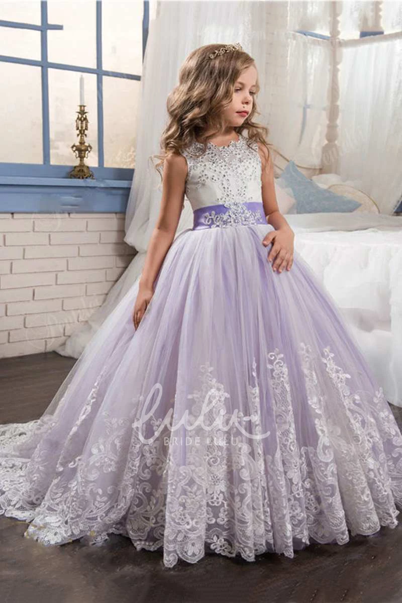 Floor-length Tulle Wedding Dress with Bow Ball Gown Sleeveless Scoop