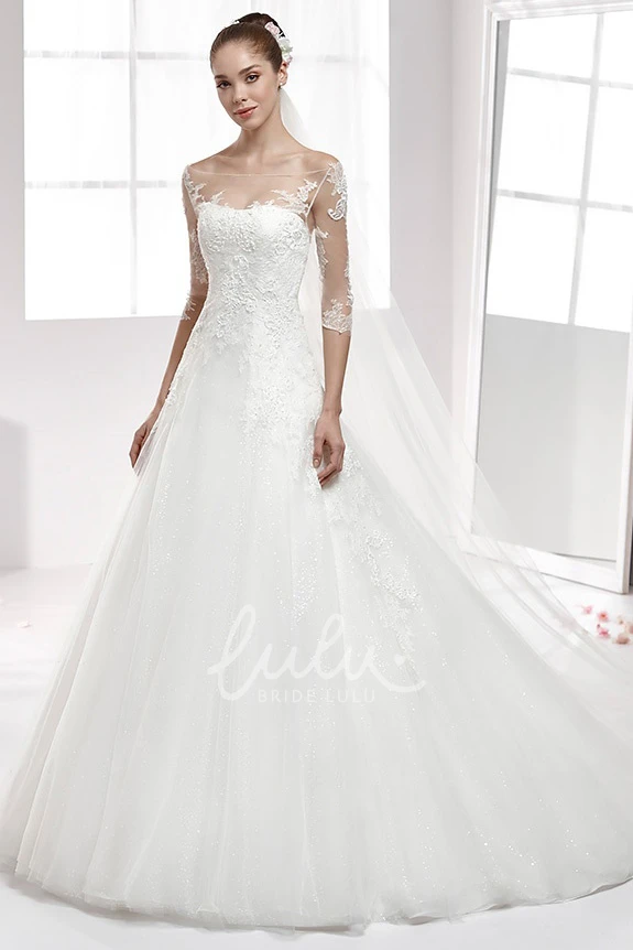 Lace Off-Shoulder A-Line Wedding Dress with Half Sleeves and Illusive Style