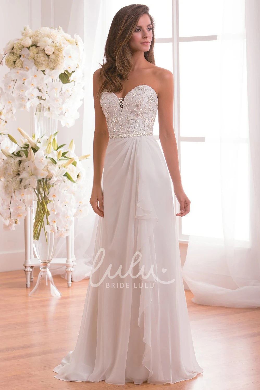 Ruffled Long Wedding Dress with Sequined Bodice Sweetheart and Glamorous