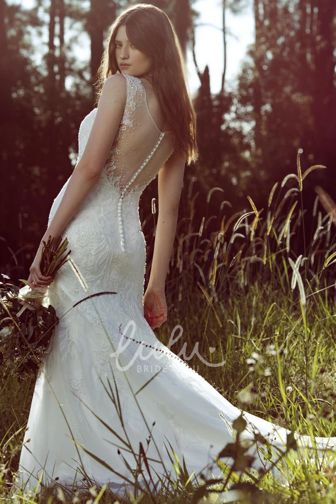 Lace&Tulle Mermaid Wedding Dress with Beading and Illusion Sleeveless Scoop-Neck
