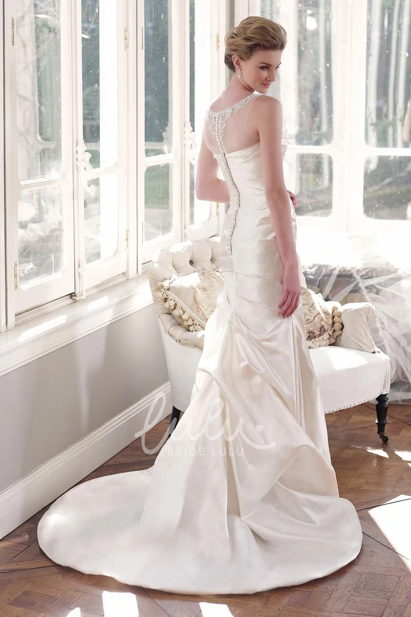 Satin A-Line Wedding Dress Beaded Strapless Floor-Length with Pick Up and Illusion Back